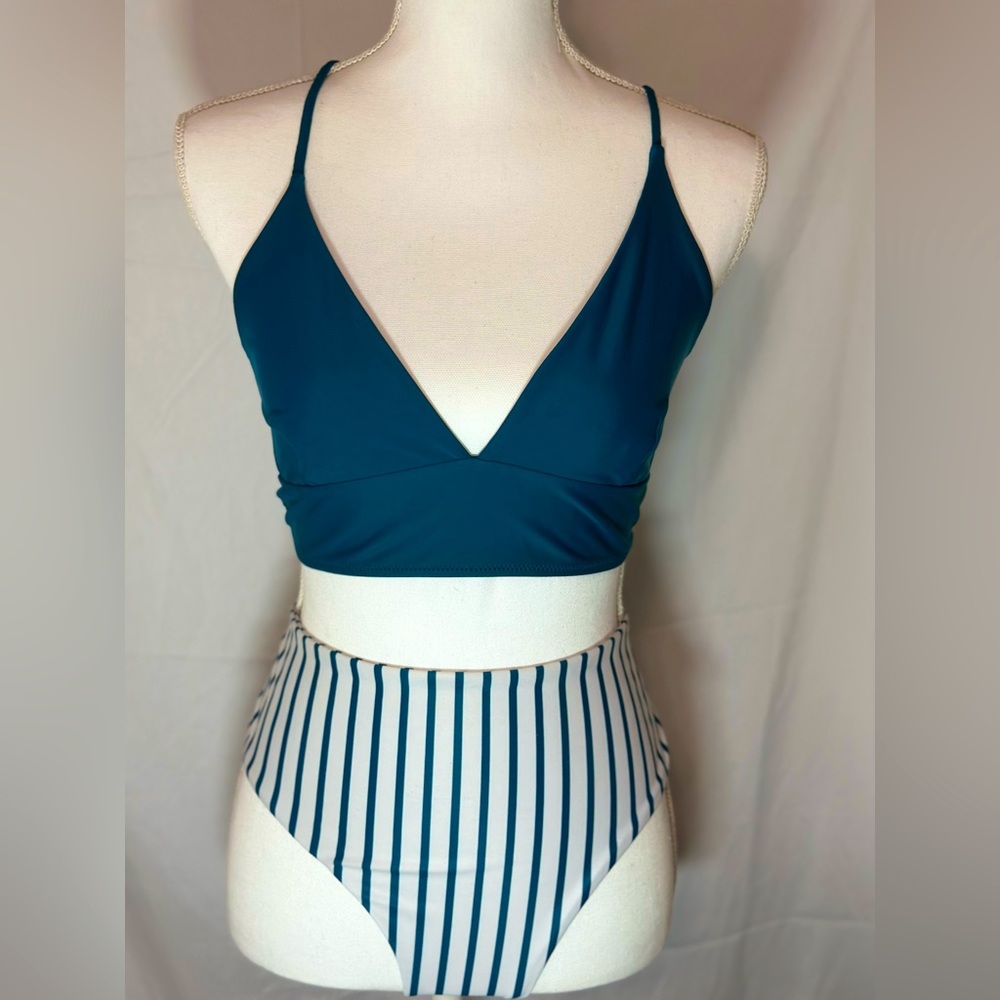 BAKINI SET- Teal, striped bottoms.